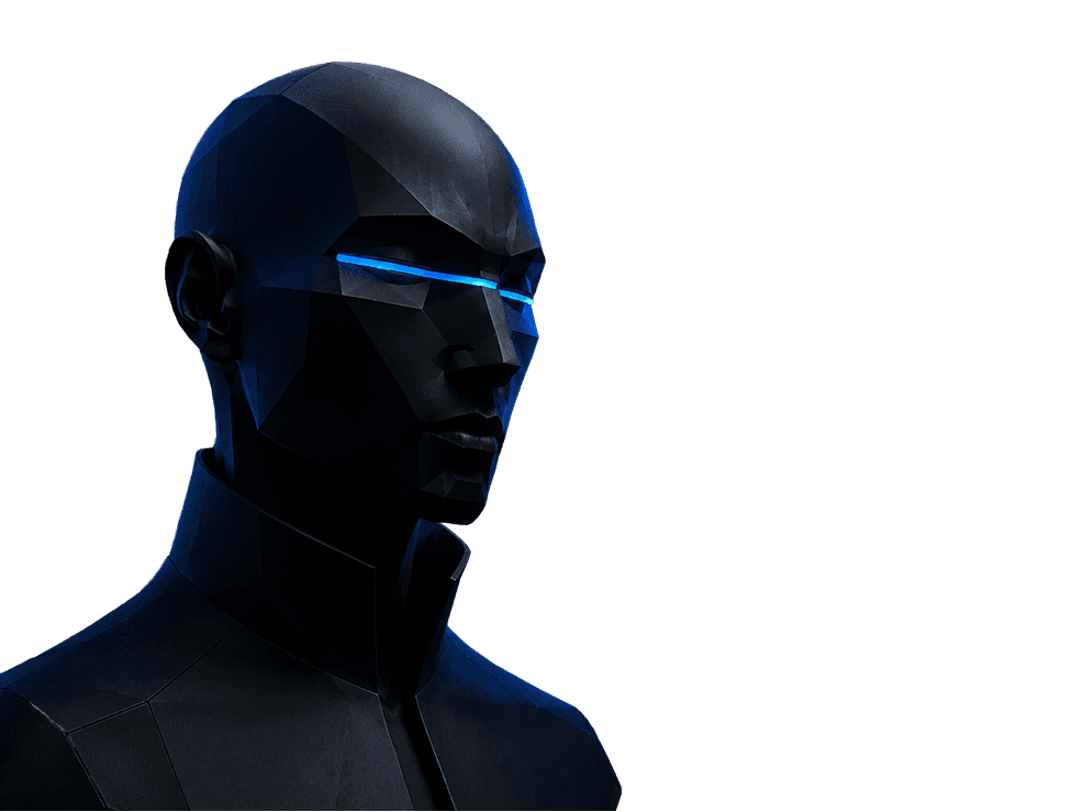 Futuristic humanoid figure with a glowing blue visor